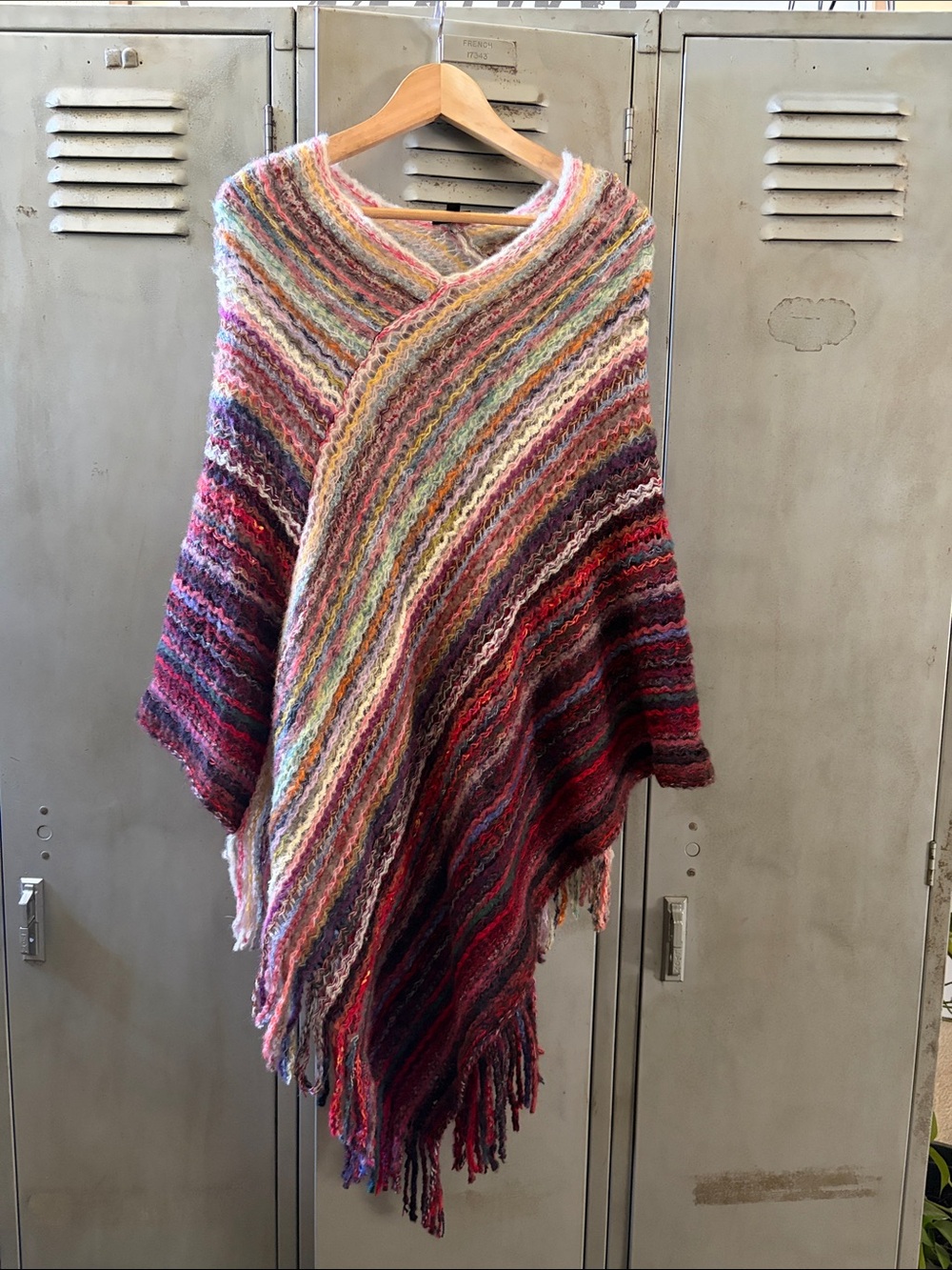 Multicolor Striped Knit Poncho with Fringe